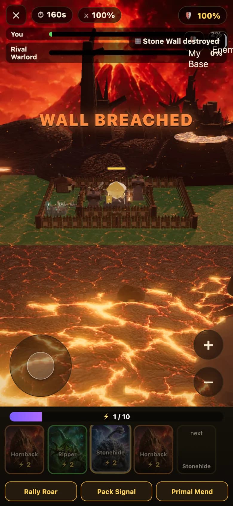 Duel Arena on a lava field: the enemy wall breached mid-match