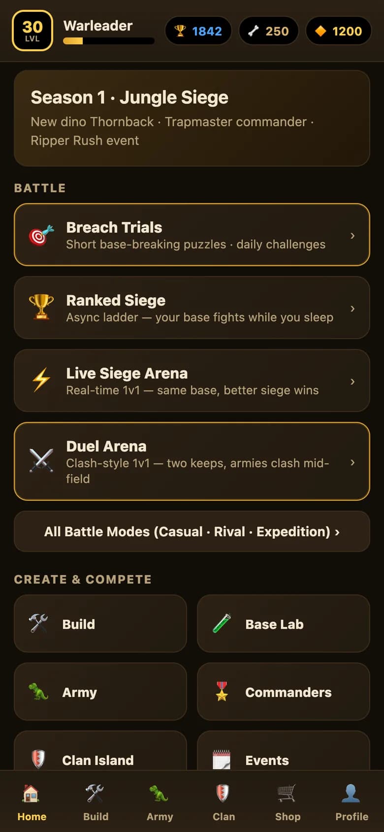 The home screen: Season 1 Jungle Siege, with Breach Trials, Ranked Siege, Live Siege Arena and Duel Arena
