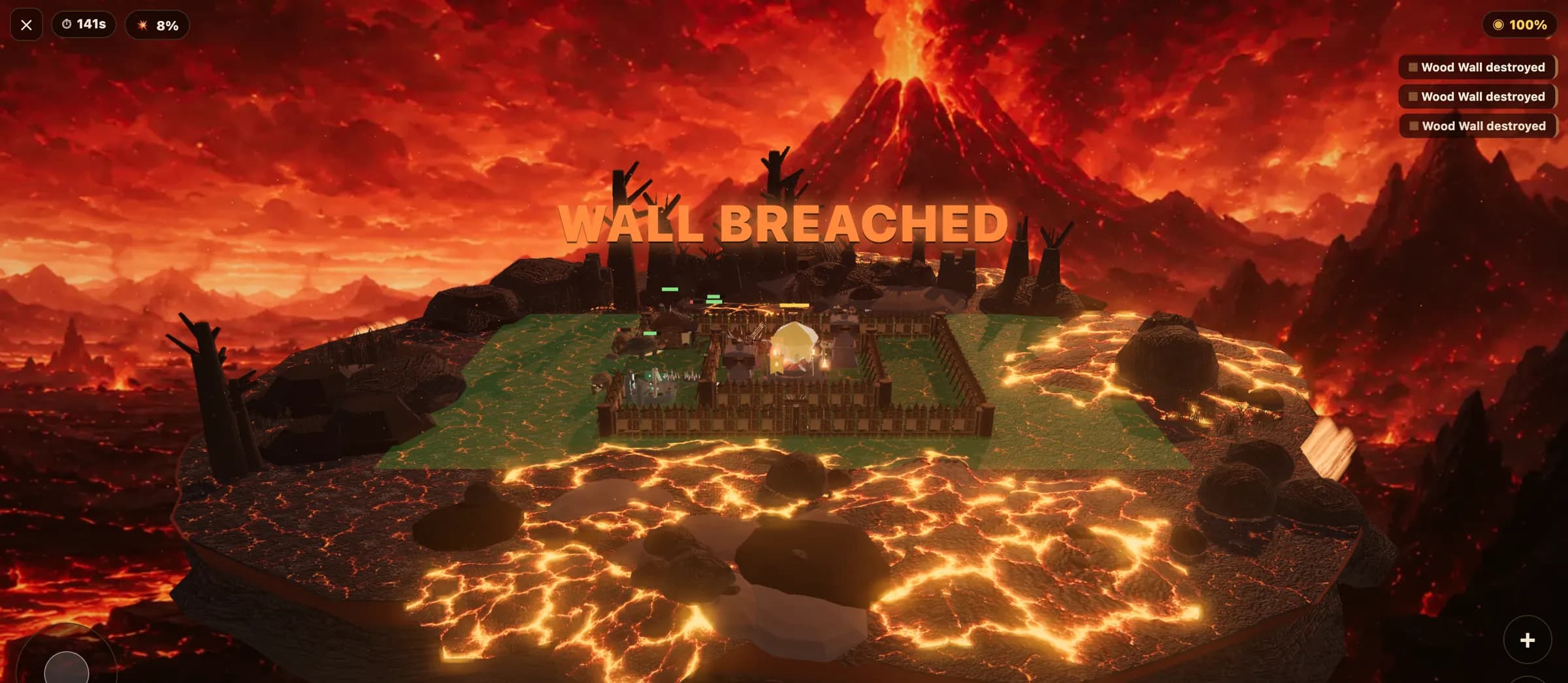 A raid in the Cinder Wastes: a fortress on a floating island over glowing lava, with WALL BREACHED across the screen
